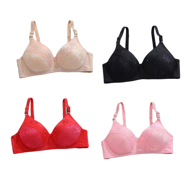Pack of 4 Comfort Cotton Bras - Pink, Maroon, Black & Nude