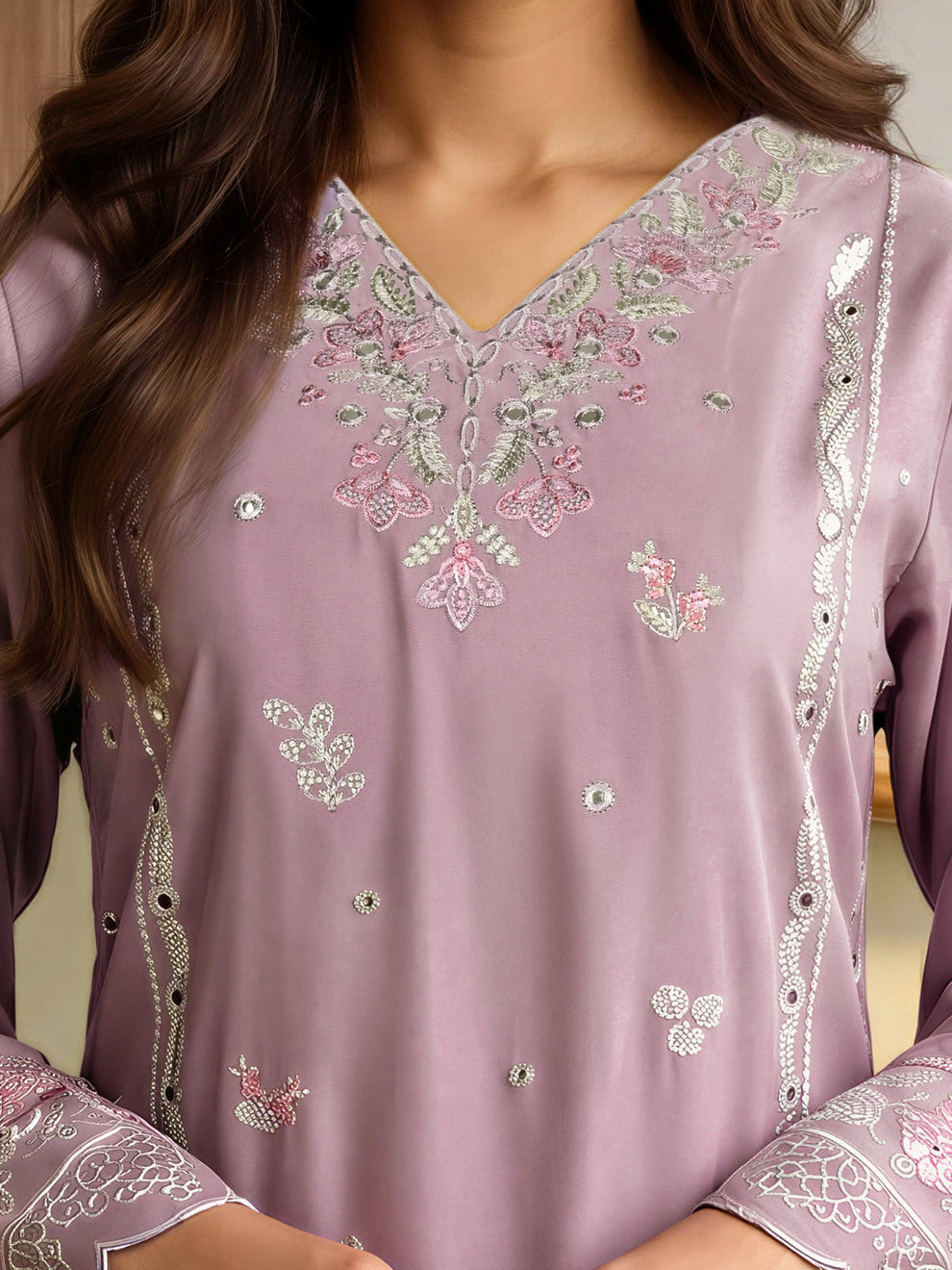 Lilac Embroidered 3-Piece Suit | V-Neck Kurta, Straight Trousers & Chiffon Dupatta