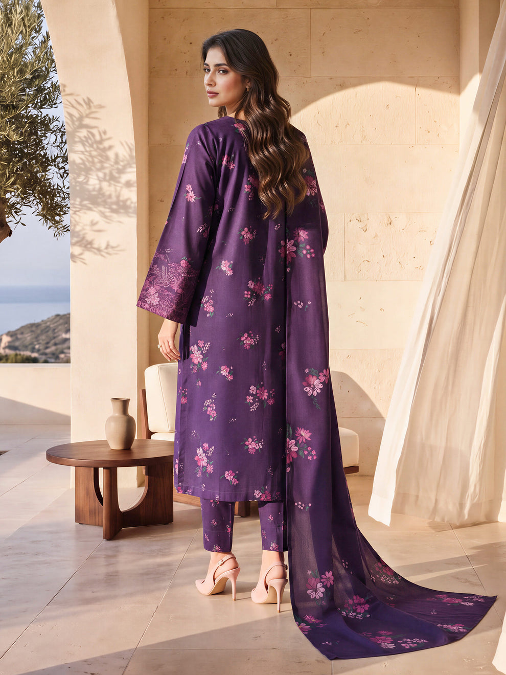 Royal Purple Embroidered Lawn 3-Piece Suit | Printed Floral Kurta, Trousers & Dupatta