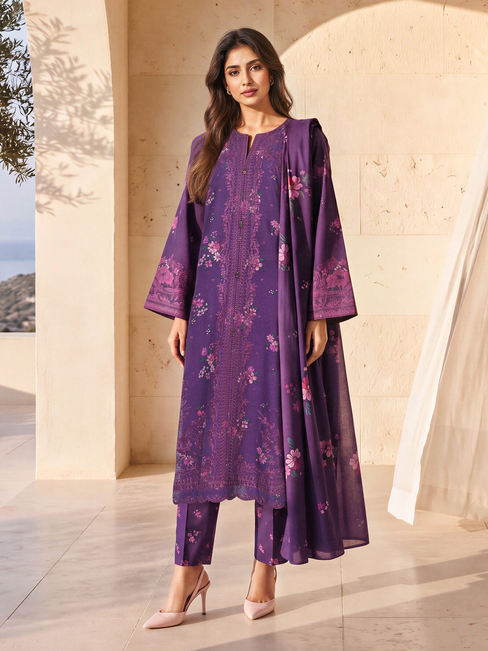 Royal Purple Embroidered Lawn 3-Piece Suit | Printed Floral Kurta, Trousers & Dupatta