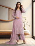 Lilac Embroidered 3-Piece Suit | V-Neck Kurta, Straight Trousers & Chiffon Dupatta