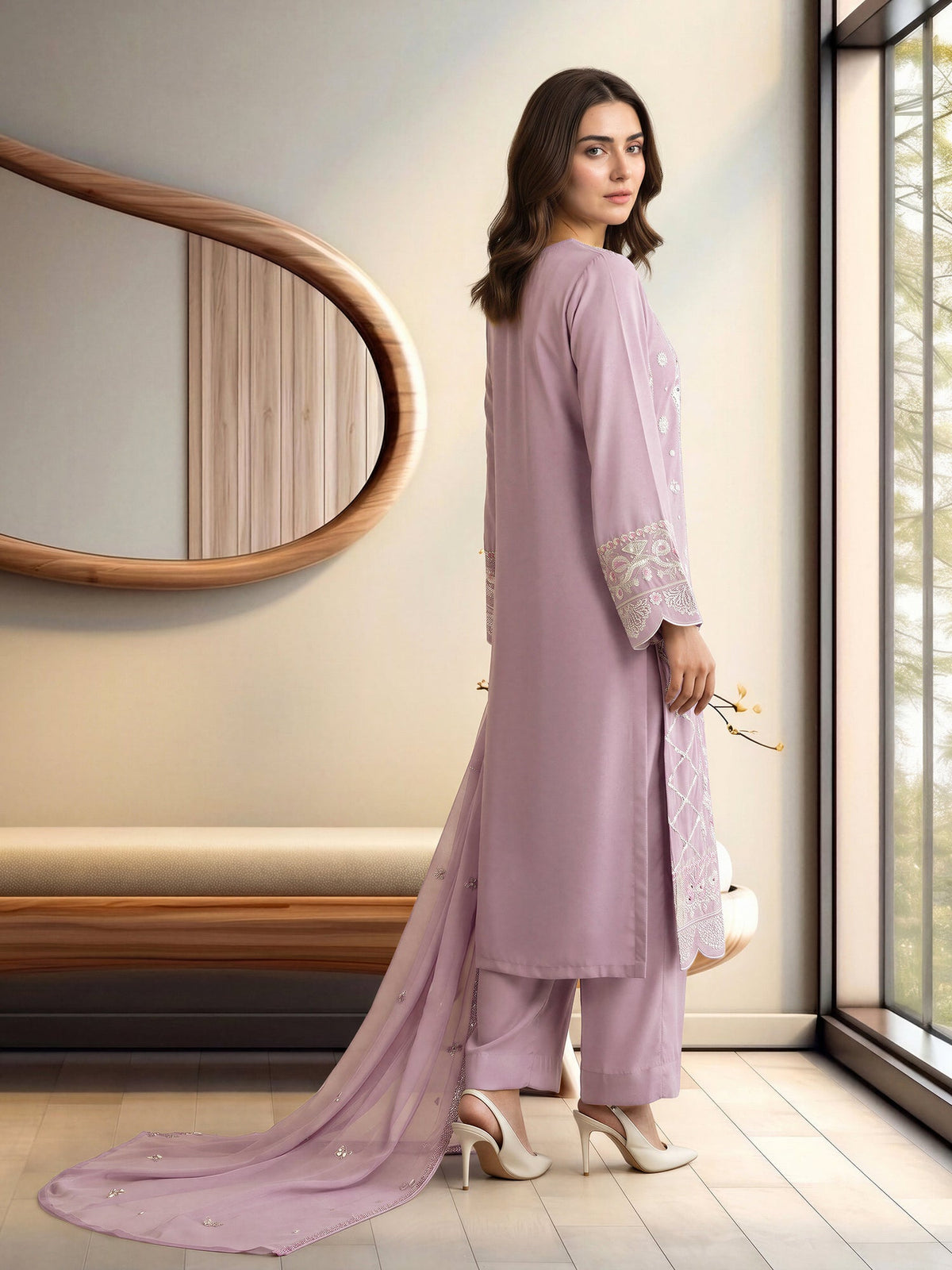 Lilac Embroidered 3-Piece Suit | V-Neck Kurta, Straight Trousers & Chiffon Dupatta