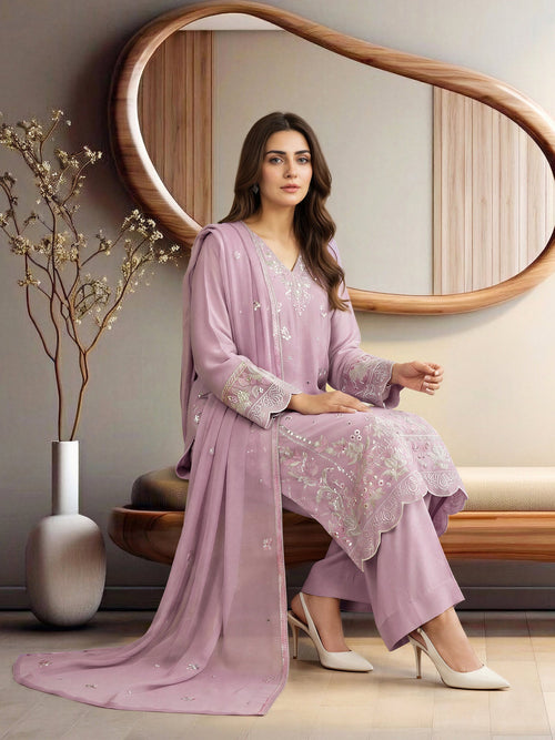 Lilac Embroidered 3-Piece Suit | V-Neck Kurta, Straight Trousers & Chiffon Dupatta