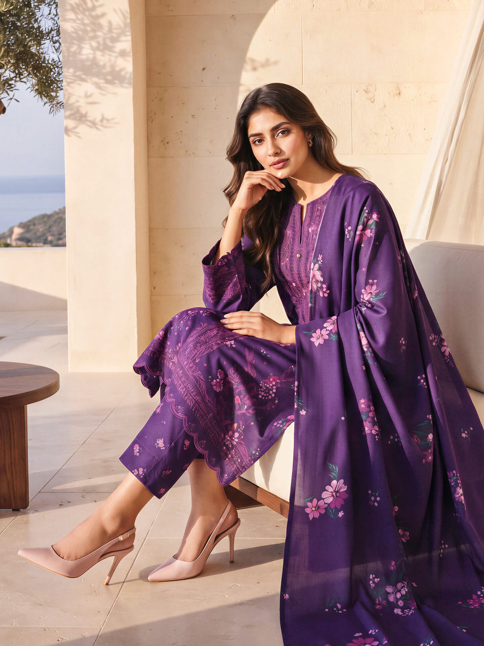 Royal Purple Embroidered Lawn 3-Piece Suit | Printed Floral Kurta, Trousers & Dupatta