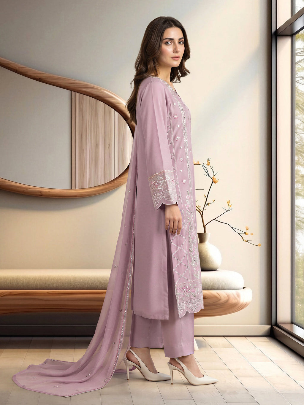 Lilac Embroidered 3-Piece Suit | V-Neck Kurta, Straight Trousers & Chiffon Dupatta